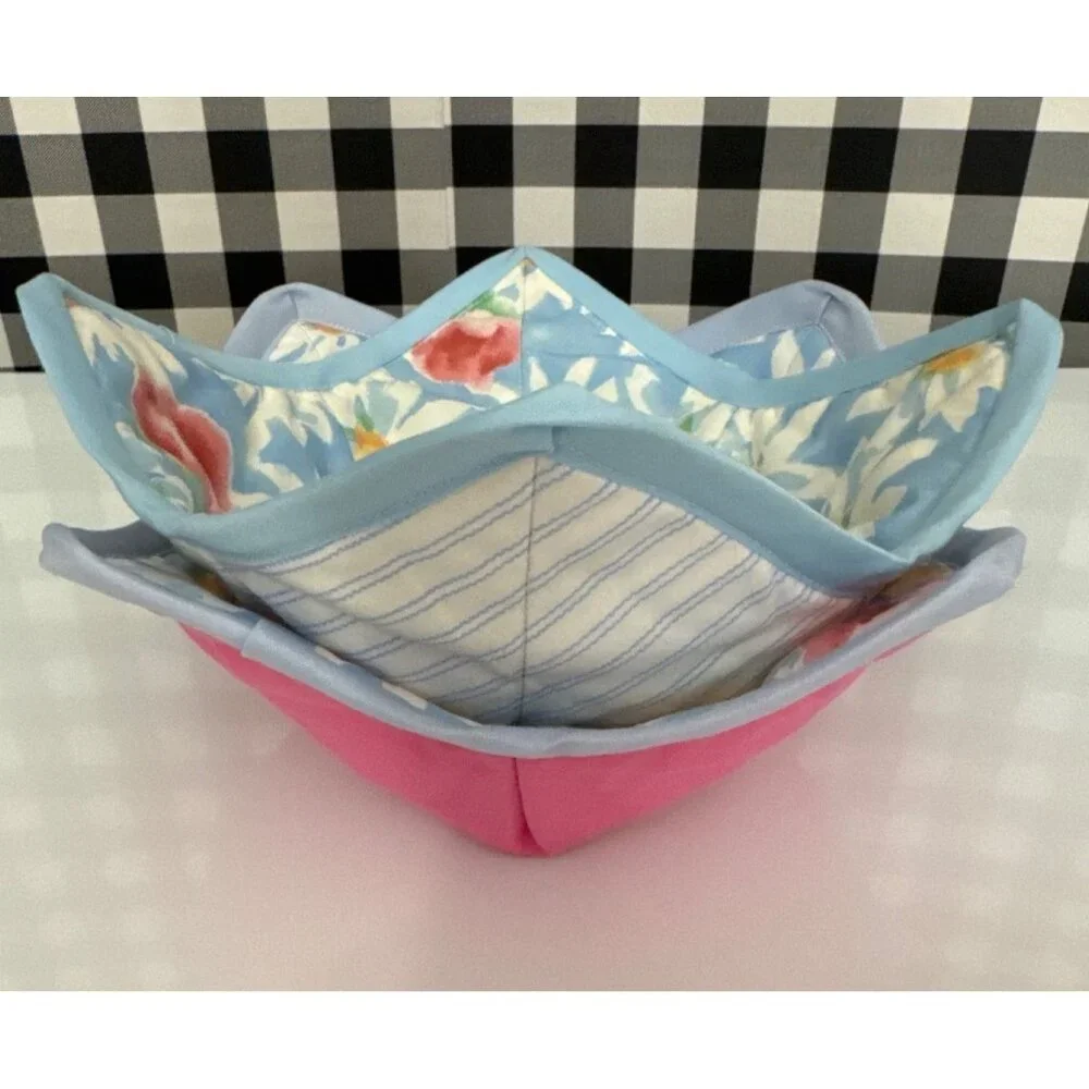 Handmade FLORAL PRINT Microwave Safe Bowl‎ Cozy Reversible Quilted Cozie Medium
